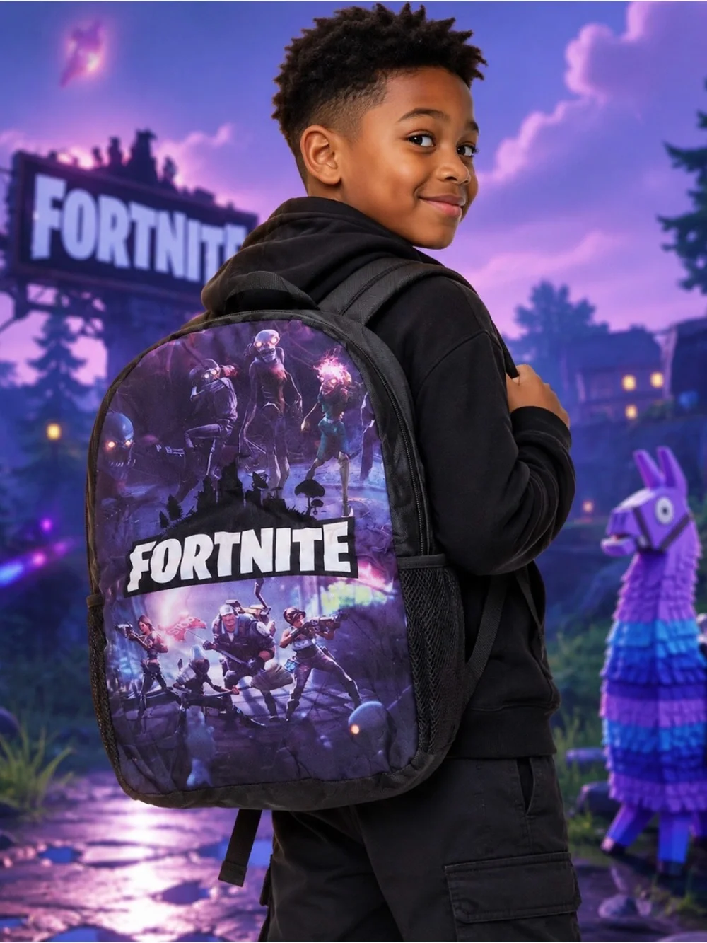 Kids Black & Purple Graphic Backpack - Official Gaming Design